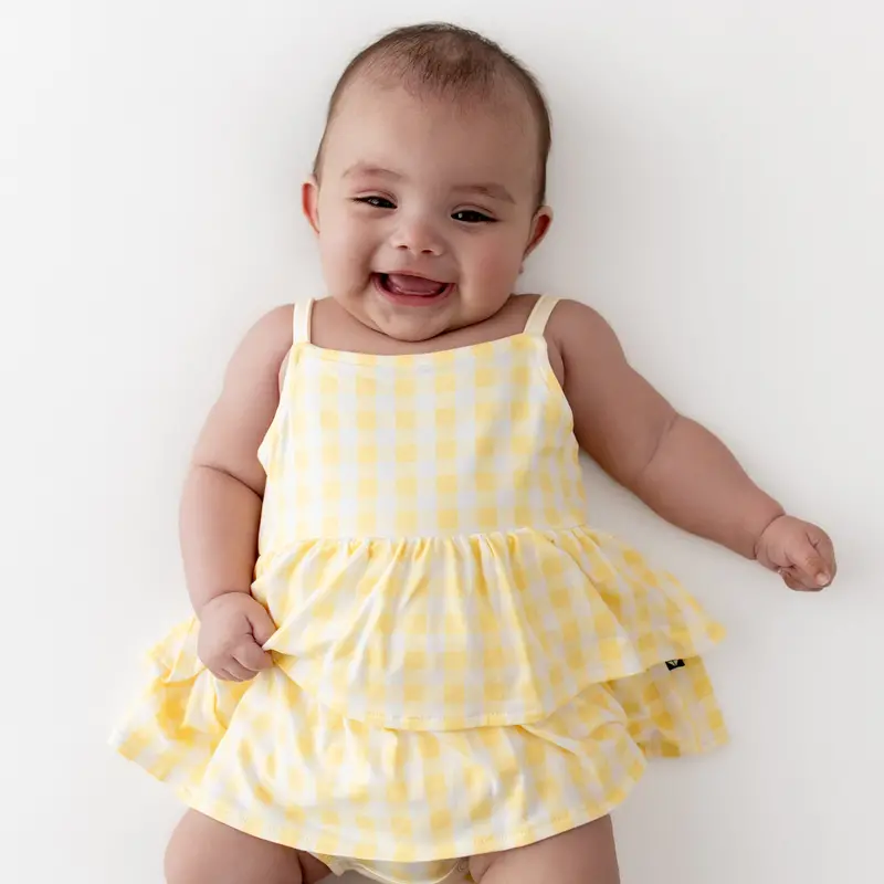 Spaghetti Strap Ruffle Romper In Gingham Chamomile 1