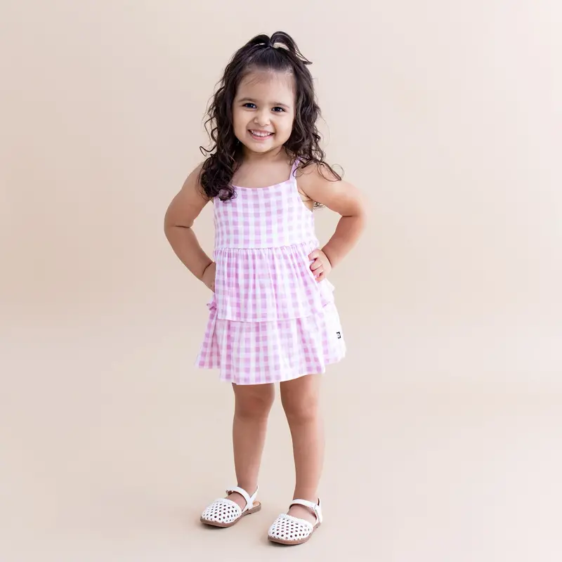 Spaghetti Strap Ruffle Romper In Gingham Thistle 1