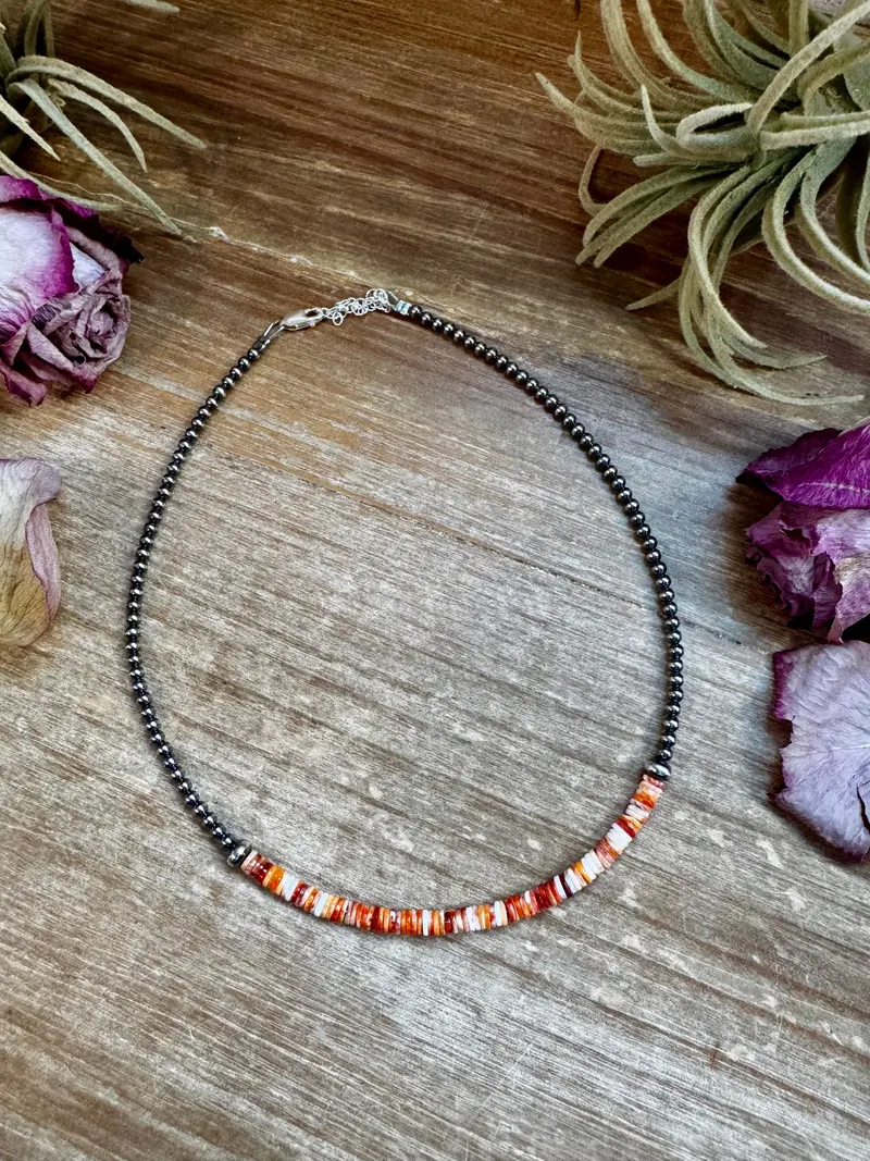 Spiny Oyster Heishi & Sterling Silver Pearl Choker 1