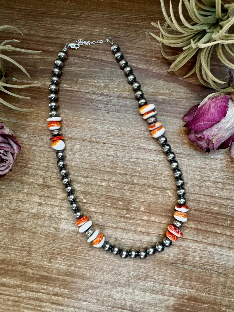 Spiny Oyster &Amp; Sterling Silver Pearl Necklace – 8Mm – Handmade By The Bijoux Fab – 17.5" 1