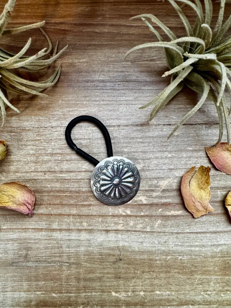 Sterling Silver Hair Tie – Stamped Concho Detail 1