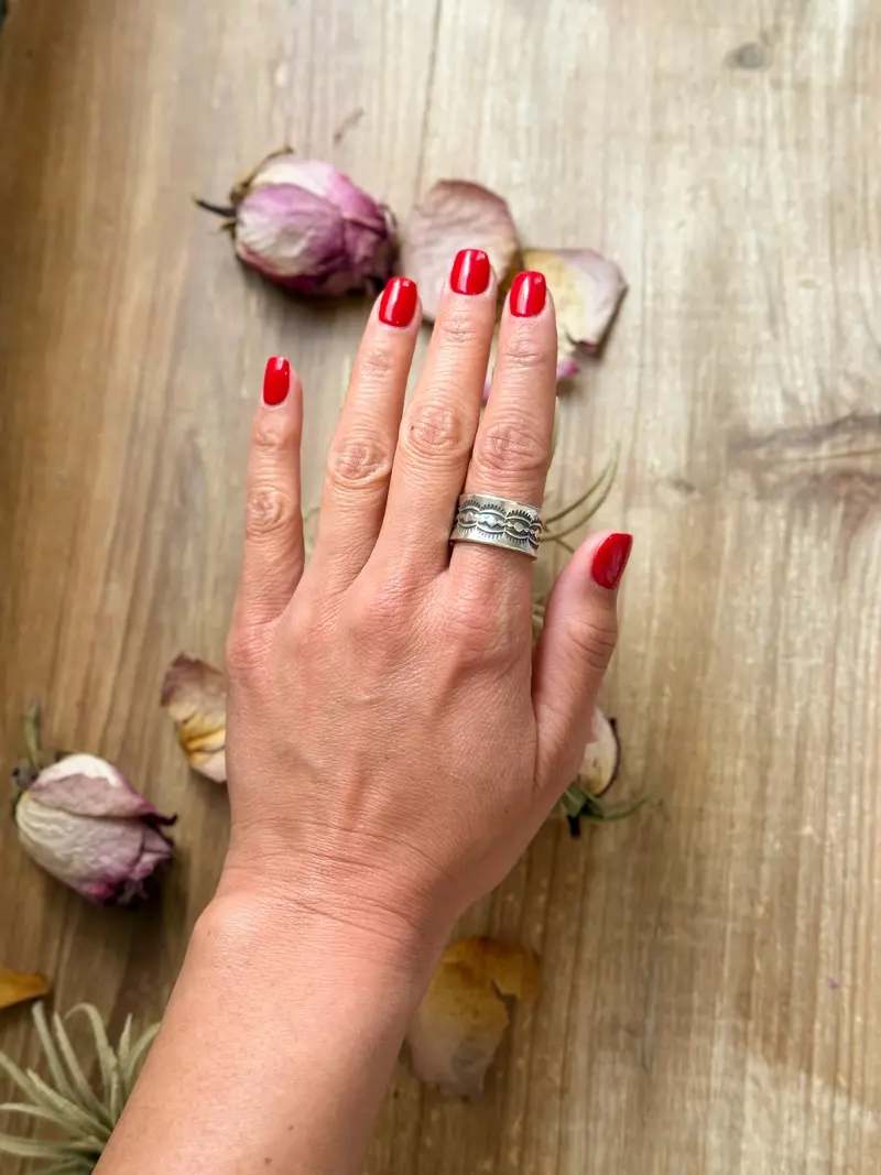 Sterling Silver Hand-Milled Wide Band Fancy Sun Ray Stamped Ring – Size 9 – Handmade By Artist Jason 1