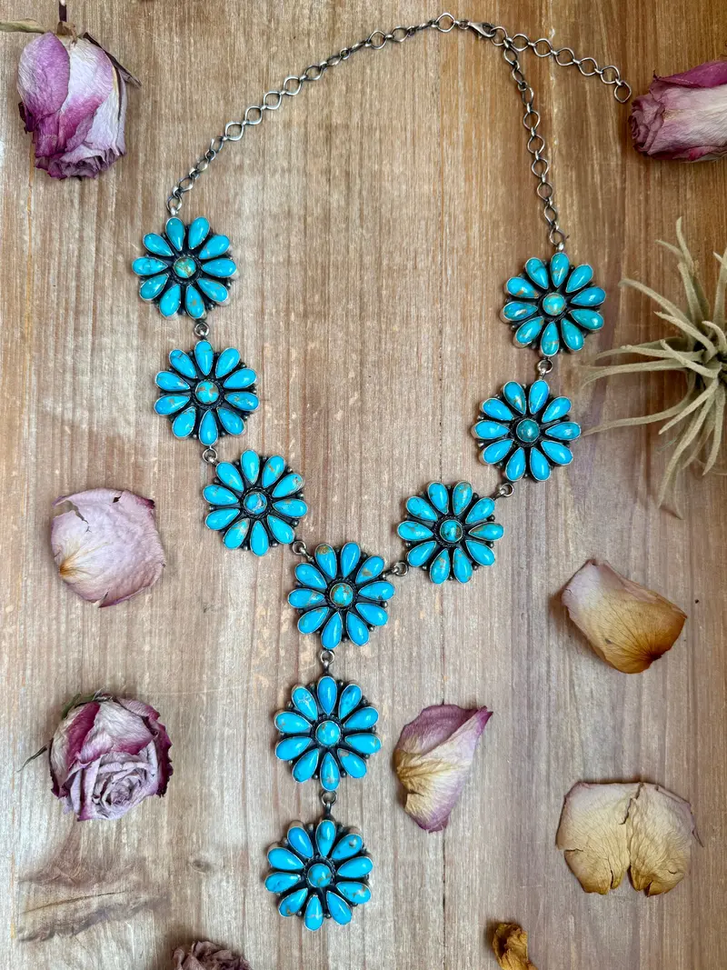 Sterling Silver Kingman Turquoise Flower Lariat Necklace – 25 Inch + 5½ Inch Drop – Native Made By A. Spencer – Usa Made 1