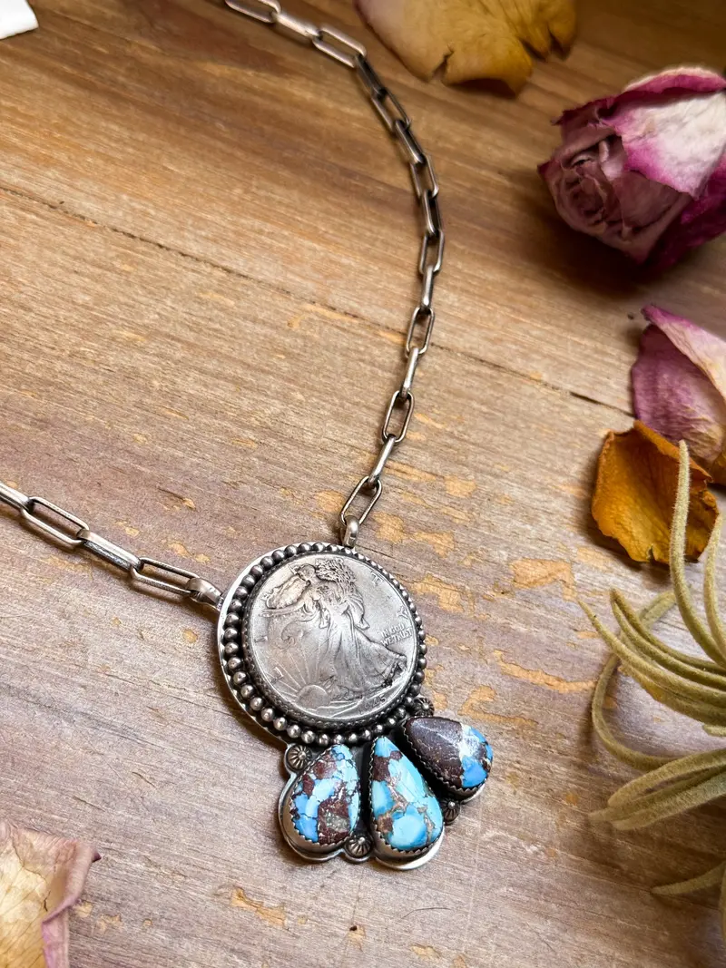 Sterling Silver Liberty Coin Necklace With Golden Hill Turquoise – 16” – 1945 Coin 1