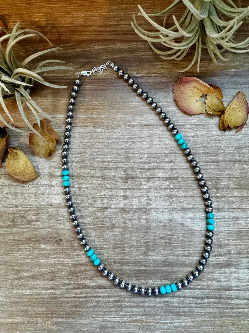 Sterling Silver Pearl & Blue Turquoise Necklace – 19" 1
