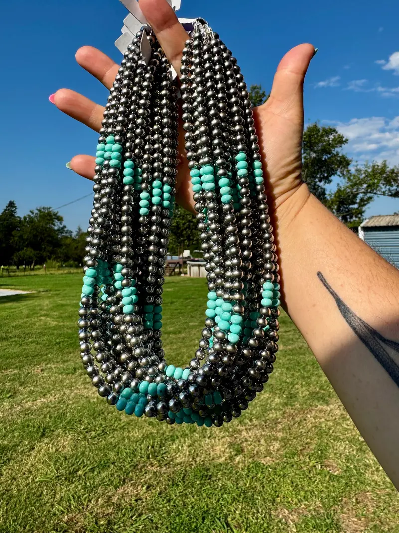 Sterling Silver Pearl & Blue Turquoise Necklace – 19" 2