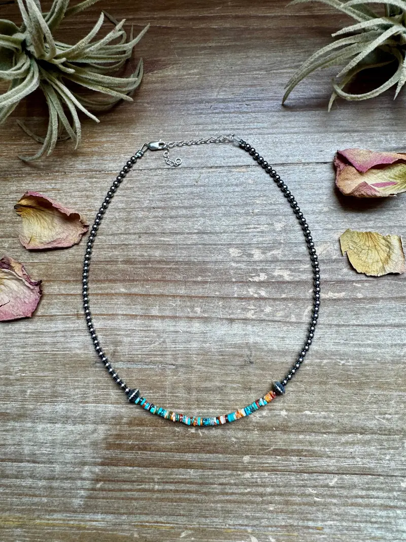 Sterling Silver Pearl Choker With Extra Turquoise & Spiny Oyster 1