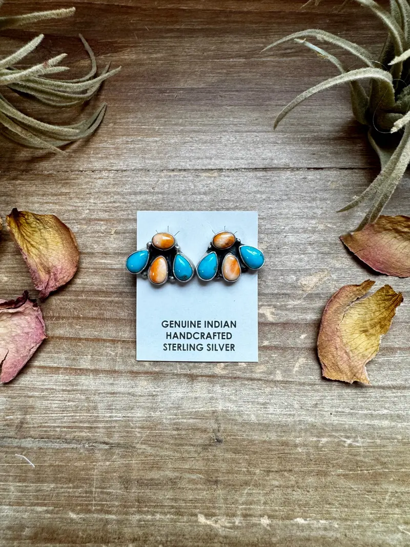 Stud Earrings – Orange Spiny & Turquoise (Stamped Marcella James) 1
