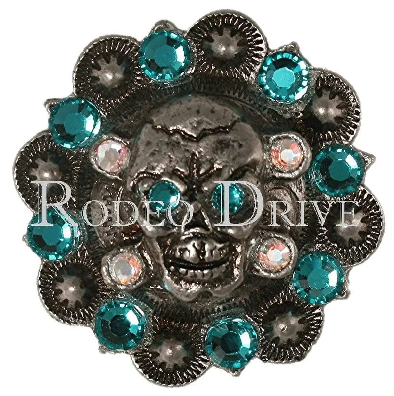 Teal & Ab Antique Silver 1.75" Skull European Crystal Concho 1