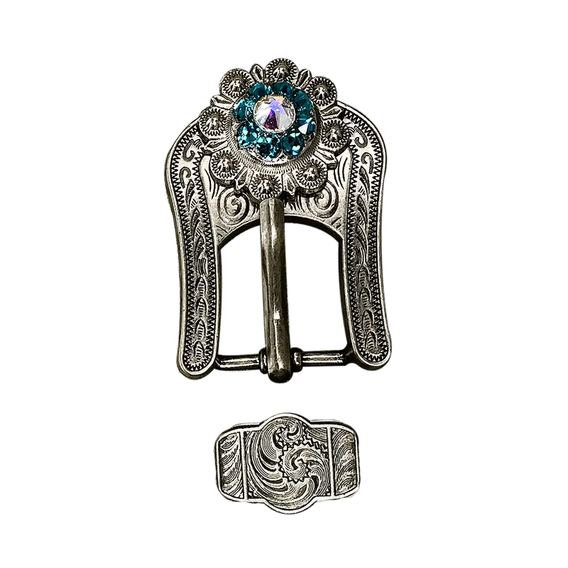 Teal & Ab Antique Silver European Crystal Buckle Keeper Set 1