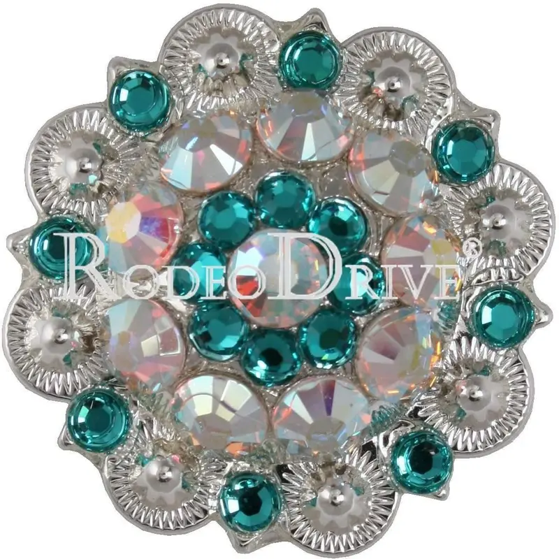 Teal & Ab Bright Silver 1.5" European Crystal Concho 1