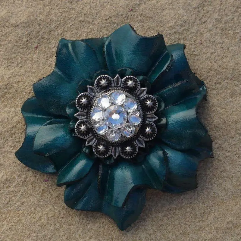 Teal Carnation Flower With Antique Silver Clear 1" Concho 1