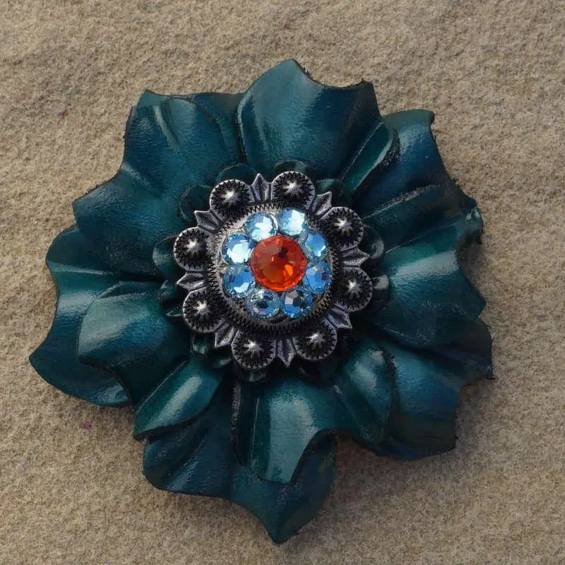 Teal Carnation Flower With Antique Silver Fire Opal And Aqua 1" Concho 1
