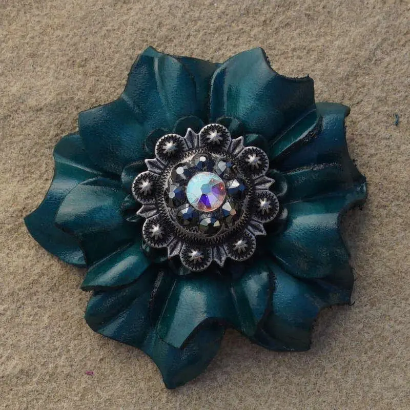 Teal Carnation Flower With Antique Silver Jet And Ab 1" Concho 1