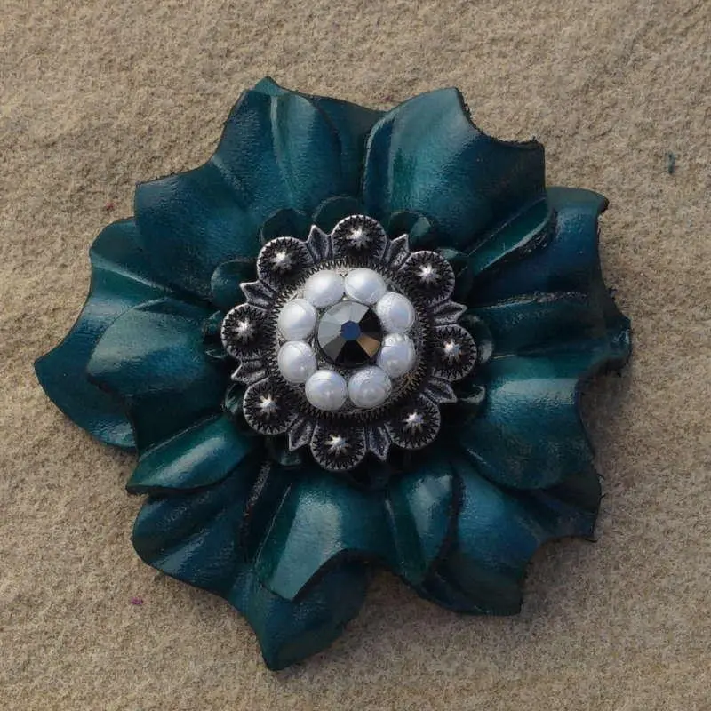 Teal Carnation Flower With Antique Silver Jet And Pearl 1" Concho 1