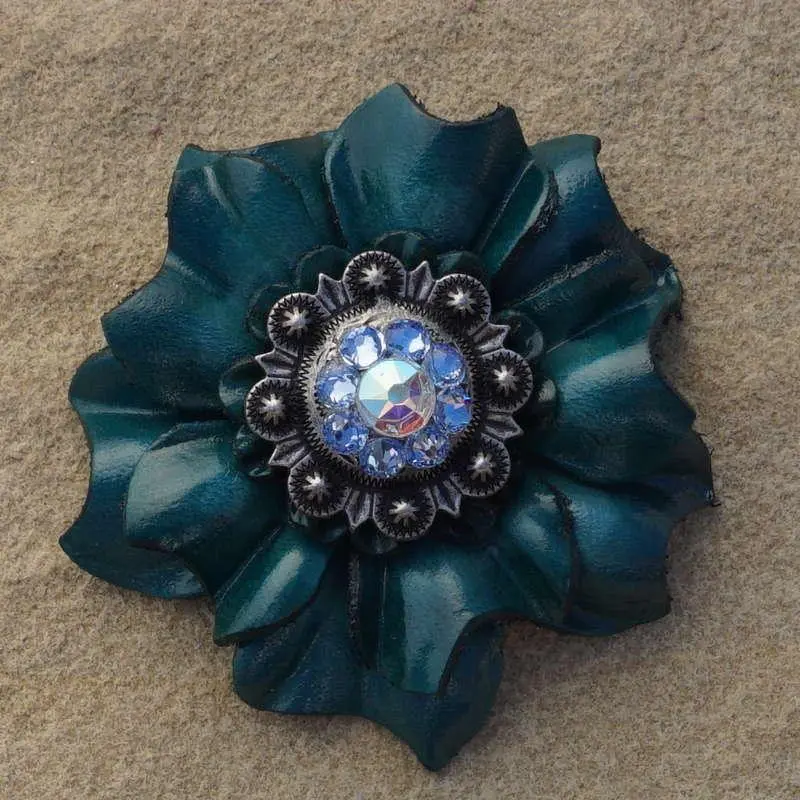 Teal Carnation Flower With Antique Silver Light Sapphire And Ab 1" Concho 1