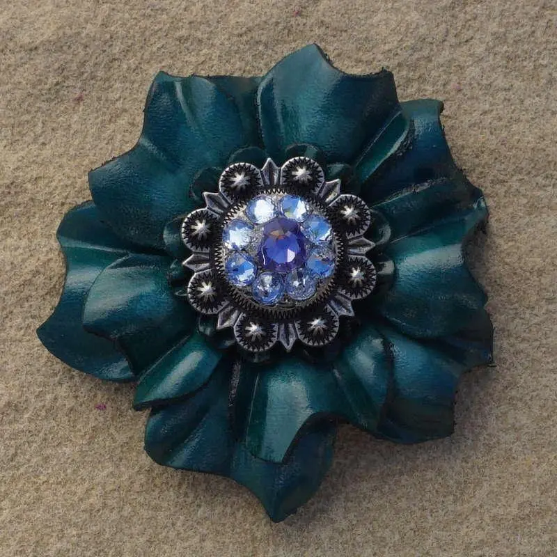 Teal Carnation Flower With Antique Silver Lilac And Light Sapphire 1" Concho 1