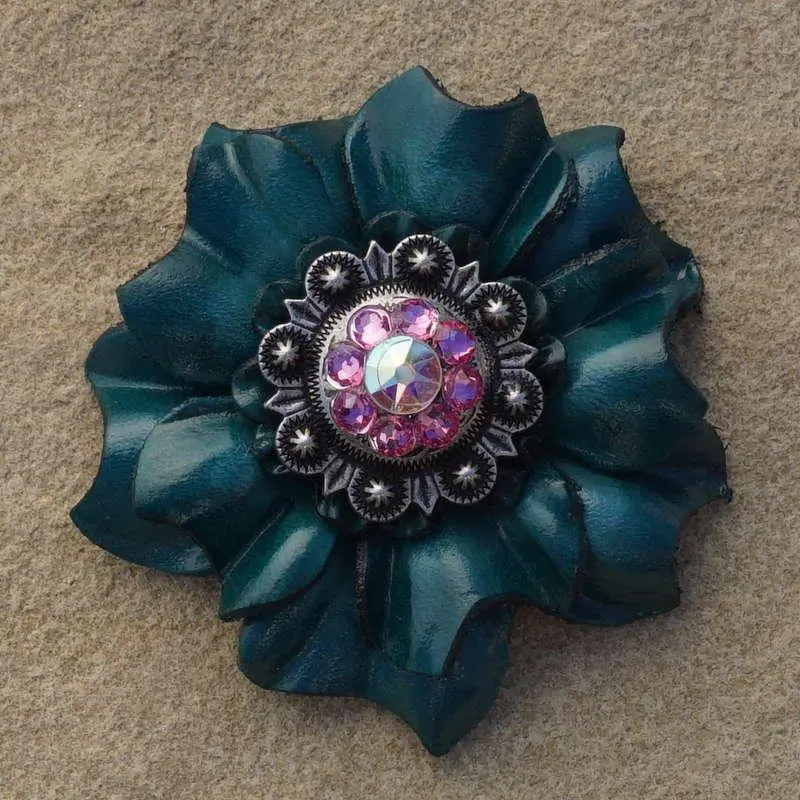 Teal Carnation Flower With Antique Silver Pink And Ab 1" Concho 1