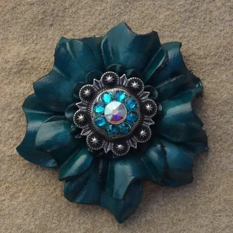 Teal Carnation Flower With Antique Silver Teal & Ab 1" Concho 1