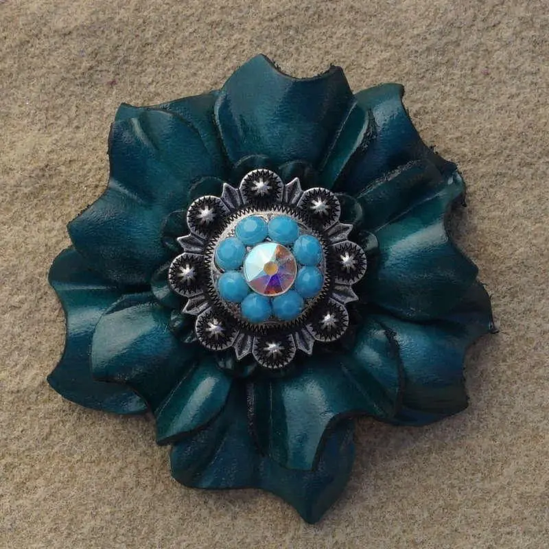 Teal Carnation Flower With Antique Silver Turquoise And Ab 1" Concho 1