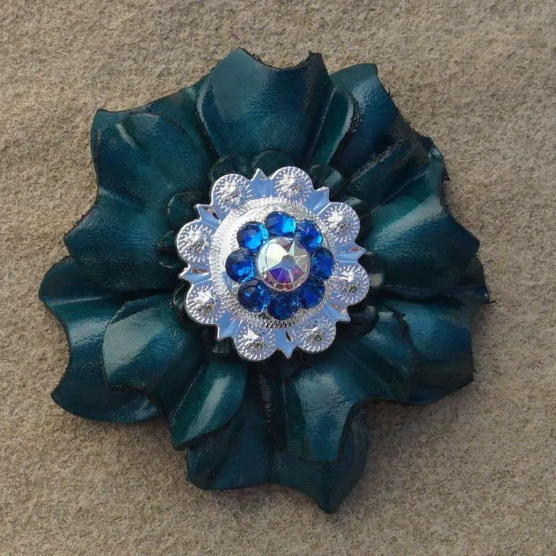 Teal Carnation Flower With Bright Silver Capri And Ab 1" Concho 1