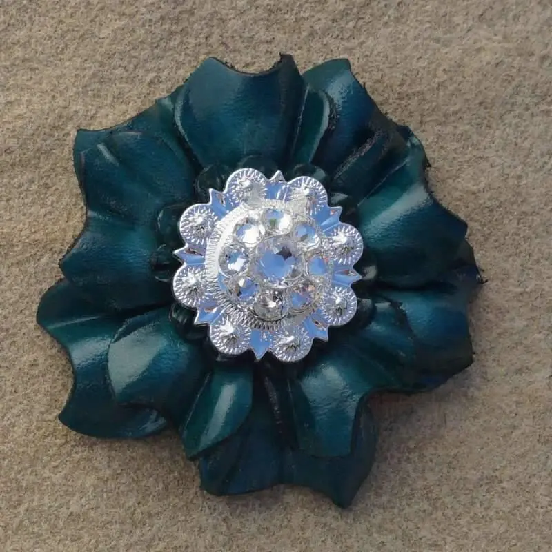 Teal Carnation Flower With Bright Silver Clear 1" Concho 1
