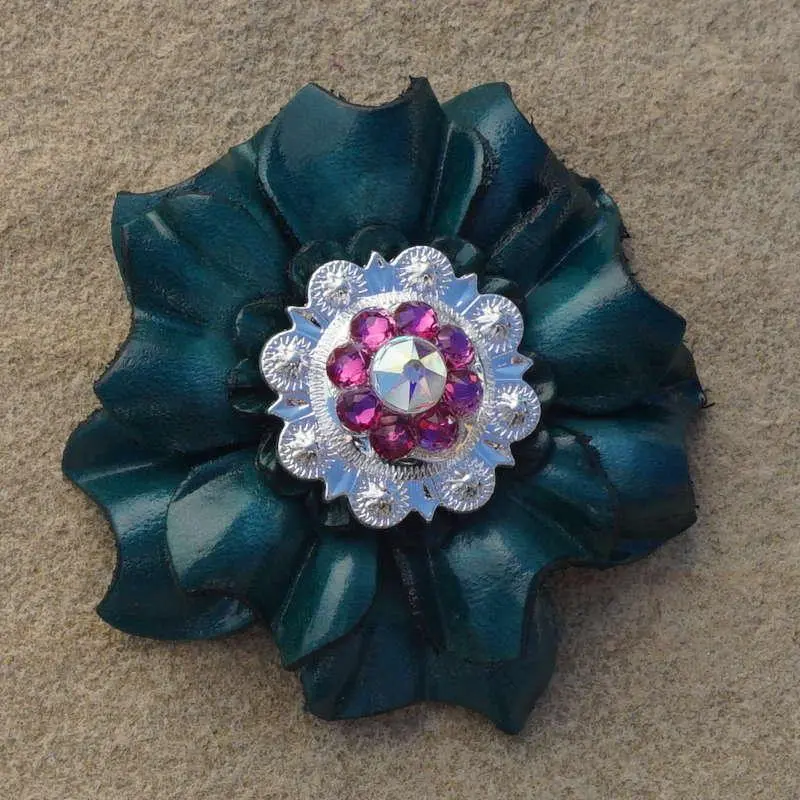 Teal Carnation Flower With Bright Silver Fuchsia And Ab 1" Concho 1