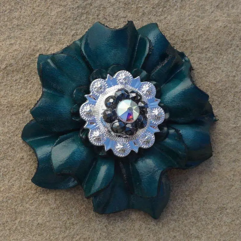 Teal Carnation Flower With Bright Silver Jet And Ab 1" Concho 1