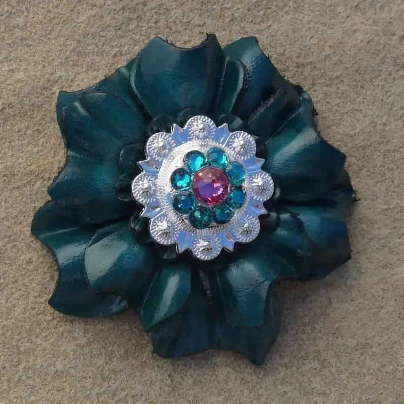 Teal Carnation Flower With Bright Silver Pink & Teal 1" Concho 1