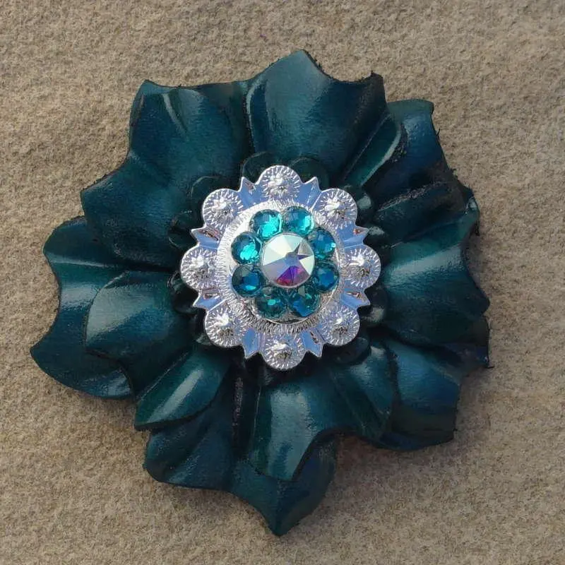 Teal Carnation Flower With Bright Silver Teal And Ab 1" Concho 1