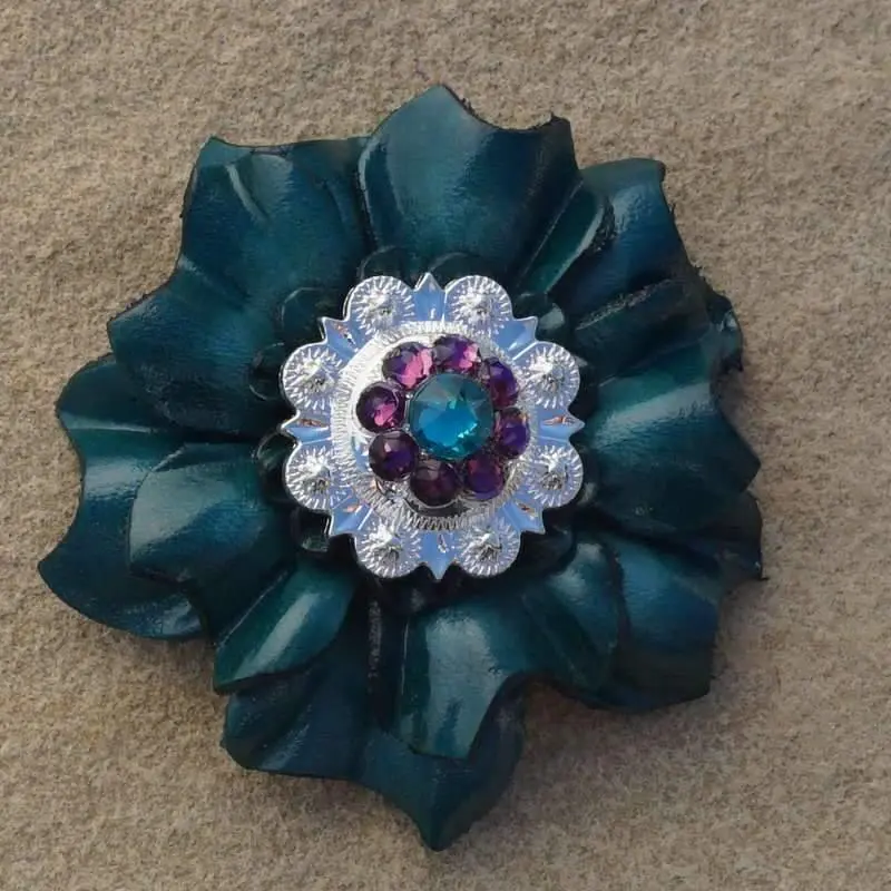 Teal Carnation Flower With Bright Silver Teal & Purple 1" Concho 1