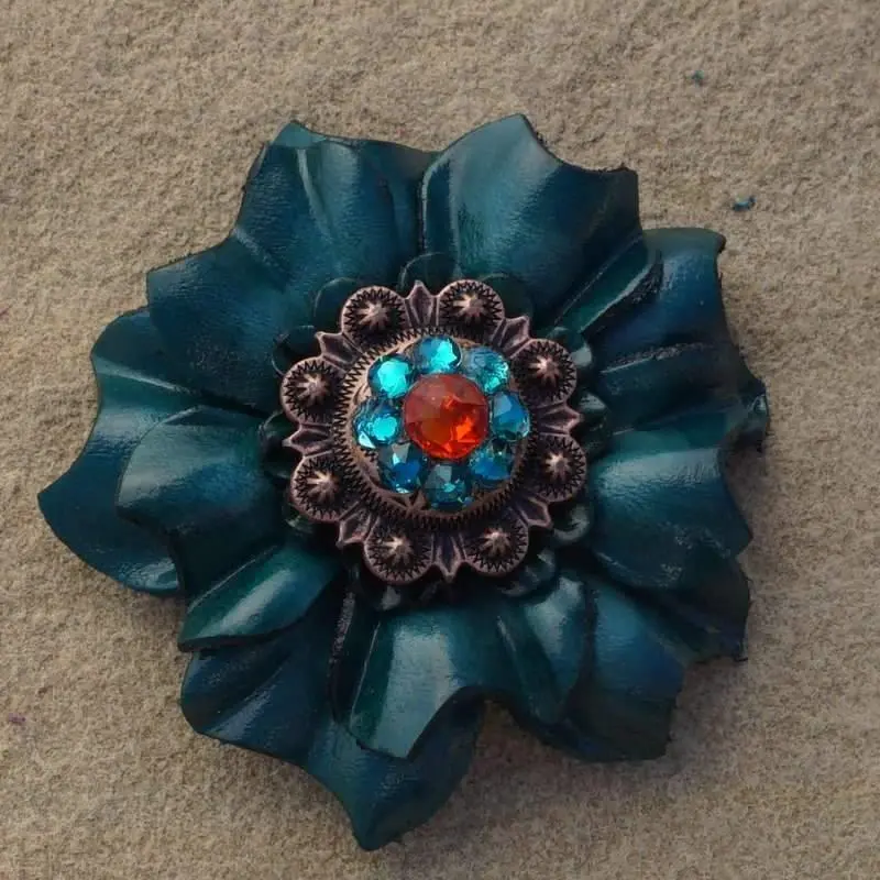 Teal Carnation Flower With Copper Fire Opal & Teal 1" Concho 1