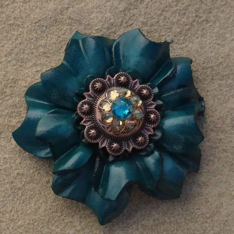 Teal Carnation Flower With Copper Teal & Champagne 1" Concho 1