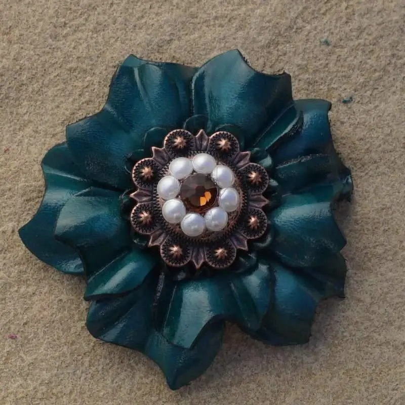 Teal Carnation Flower With Copper Topaz & Pearl  1" Concho 1
