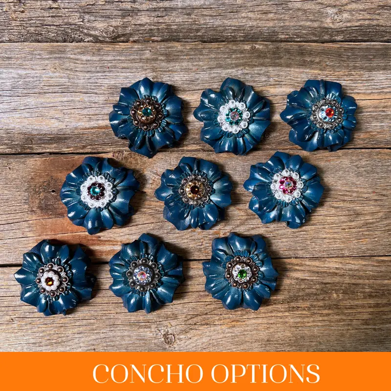 Teal Carnations Leather Flowers - 1" Crystal Conchos - Options 1