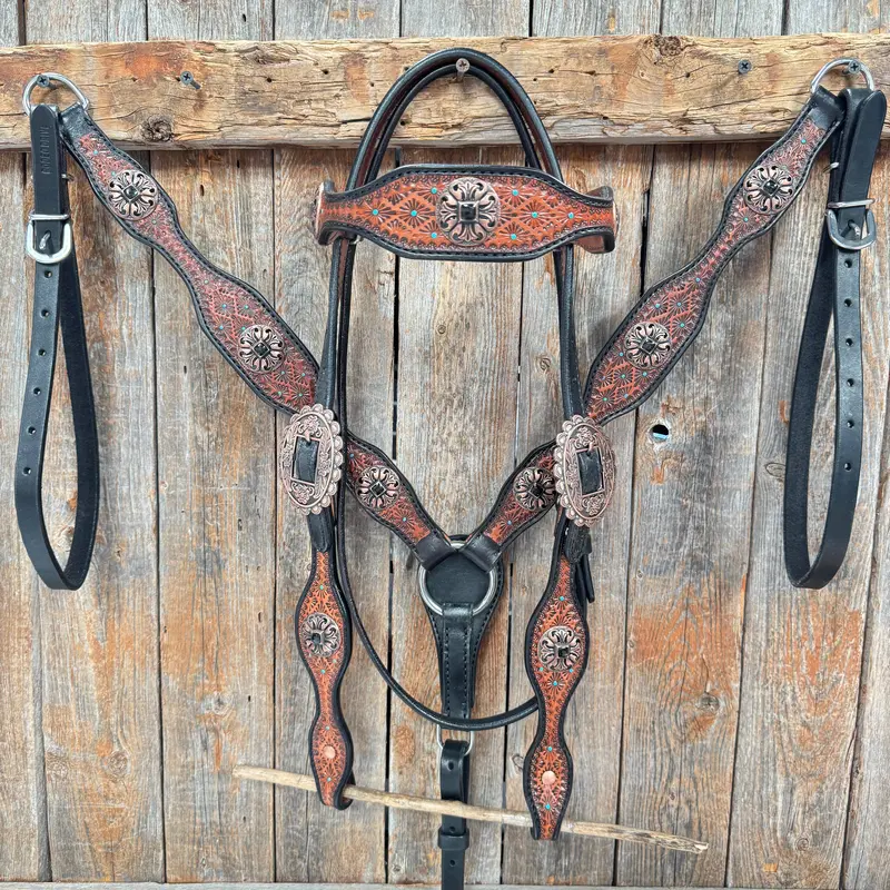 Teal Diamond And Black Fleur De Lis Browband / One Ear - Breastcollar Tack Set #Bbbc658 1