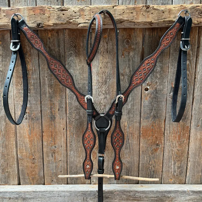 Teal Diamond Browband / One Ear Headstall And Breastcollar Tack Set 2