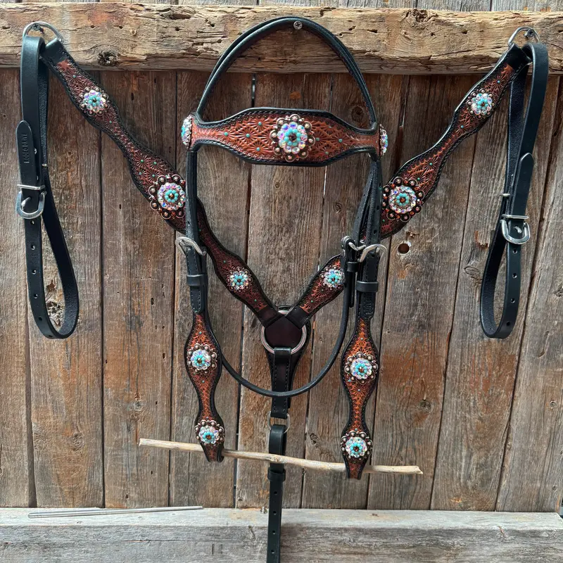 Teal Diamond Topaz And Turquoise Browband / One Ear - Breastcollar Tack Set #Bbbc650 1