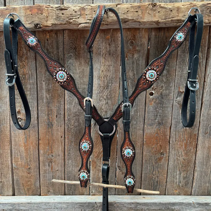 Teal Diamond Topaz And Turquoise Browband / One Ear - Breastcollar Tack Set #Bbbc650 2