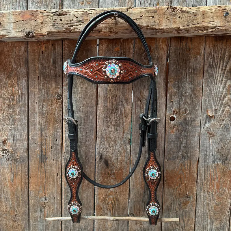 Teal Diamond Topaz And Turquoise Browband / One Ear - Breastcollar Tack Set #Bbbc650 3