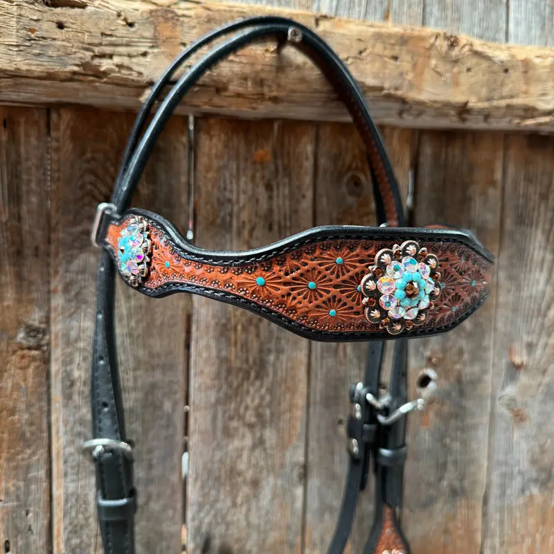 Teal Diamond Topaz And Turquoise Browband / One Ear - Breastcollar Tack Set #Bbbc650 4