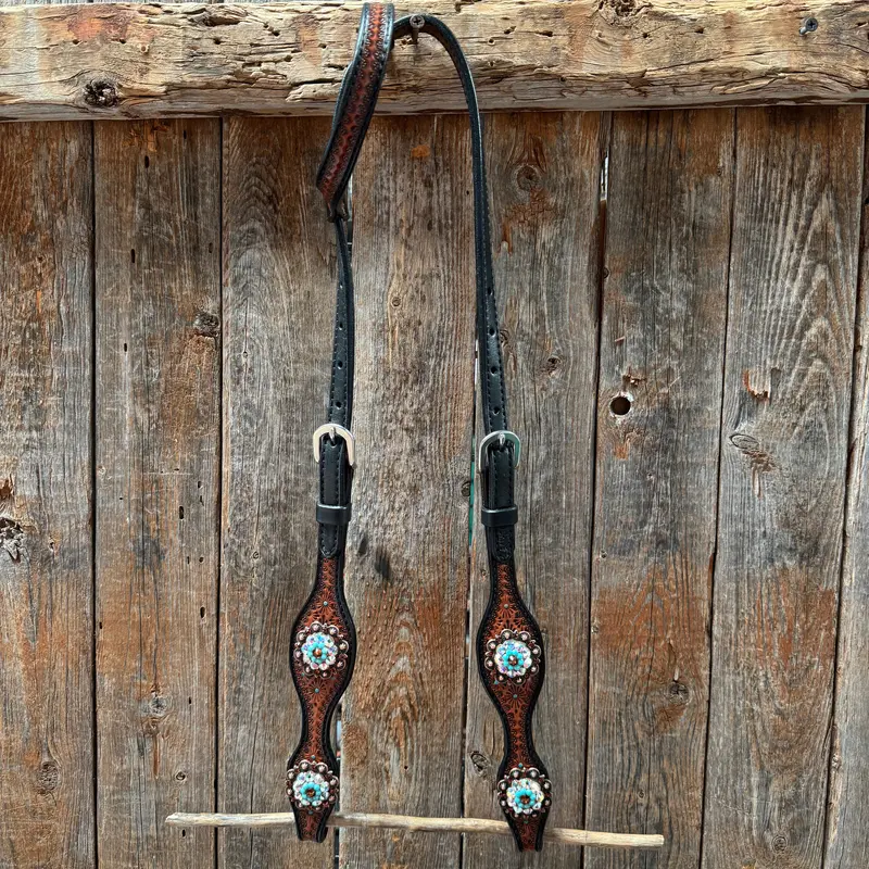 Teal Diamond Topaz And Turquoise Browband / One Ear - Breastcollar Tack Set #Bbbc650 4