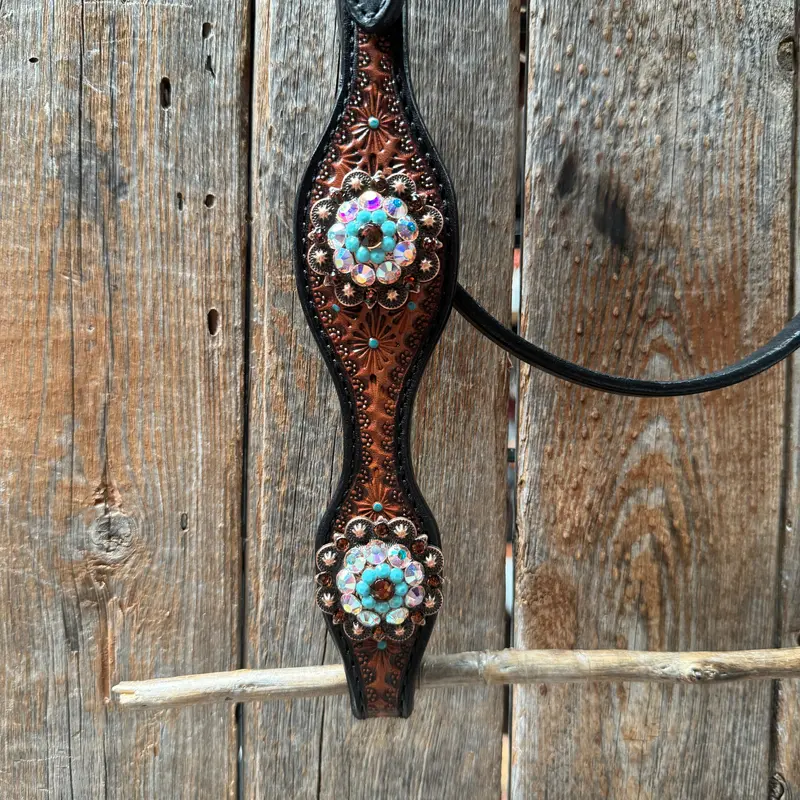 Teal Diamond Topaz And Turquoise Browband / One Ear - Breastcollar Tack Set #Bbbc650 5