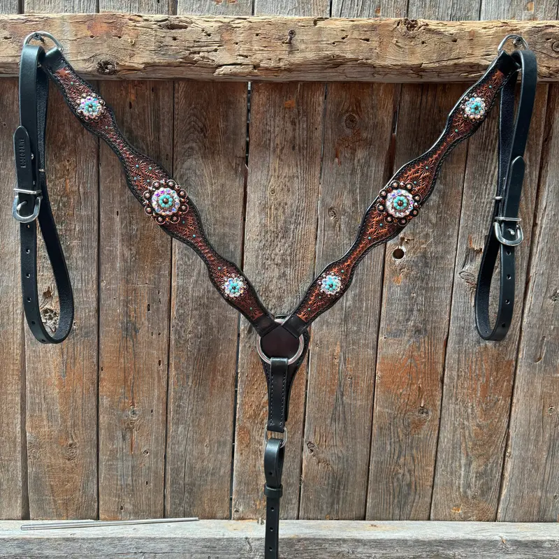 Teal Diamond Topaz And Turquoise Browband / One Ear - Breastcollar Tack Set #Bbbc650 5
