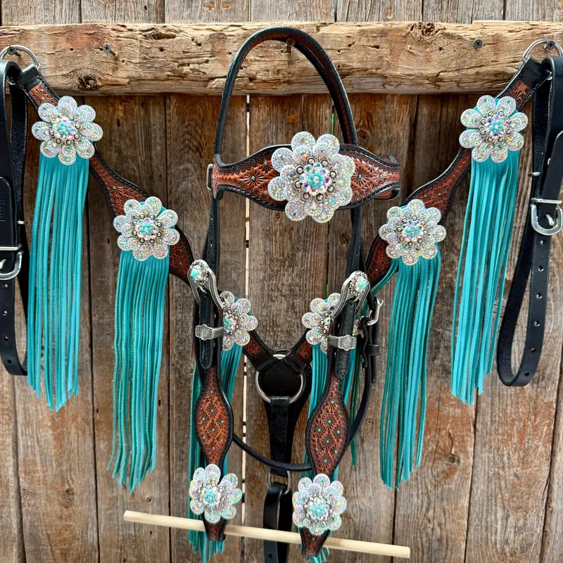 Teal Diamond Turquoise And Ab Browband / One Ear - Breastcollar Tack Set #Bbbc484 1