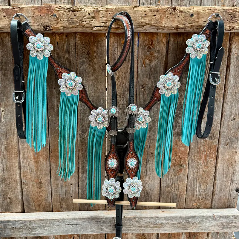 Teal Diamond Turquoise And Ab Browband / One Ear - Breastcollar Tack Set #Bbbc484 2