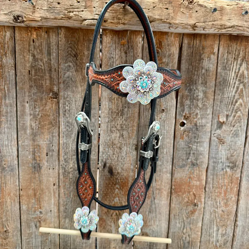 Teal Diamond Turquoise And Ab Browband / One Ear - Breastcollar Tack Set #Bbbc484 3