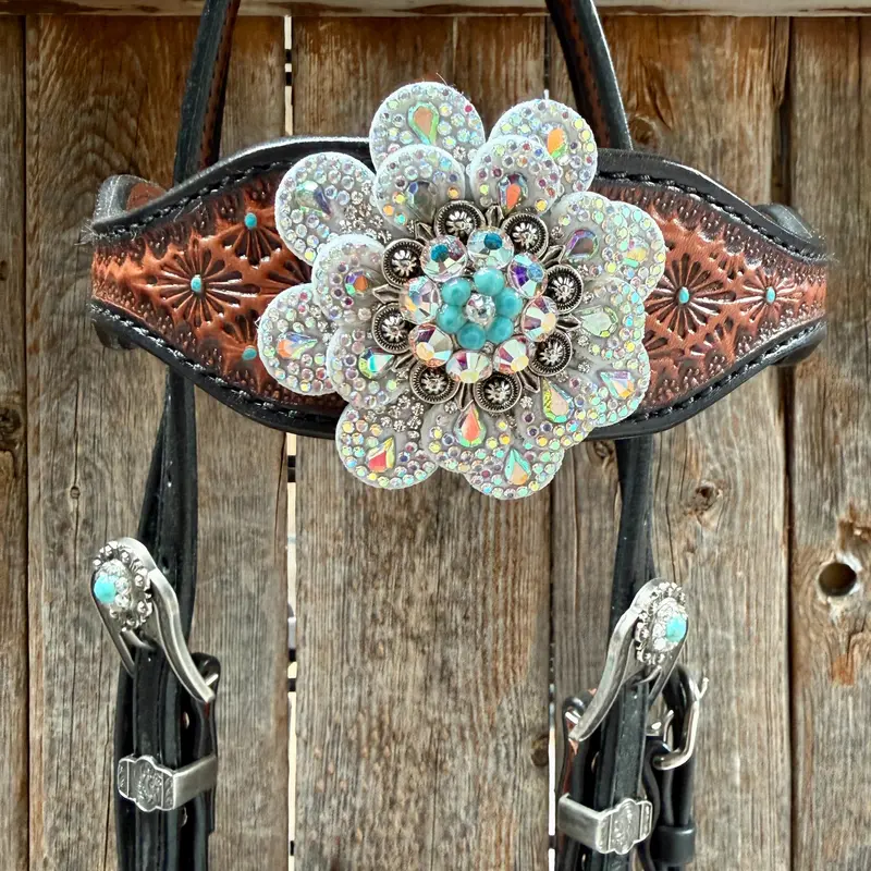 Teal Diamond Turquoise And Ab Browband / One Ear - Breastcollar Tack Set #Bbbc484 4