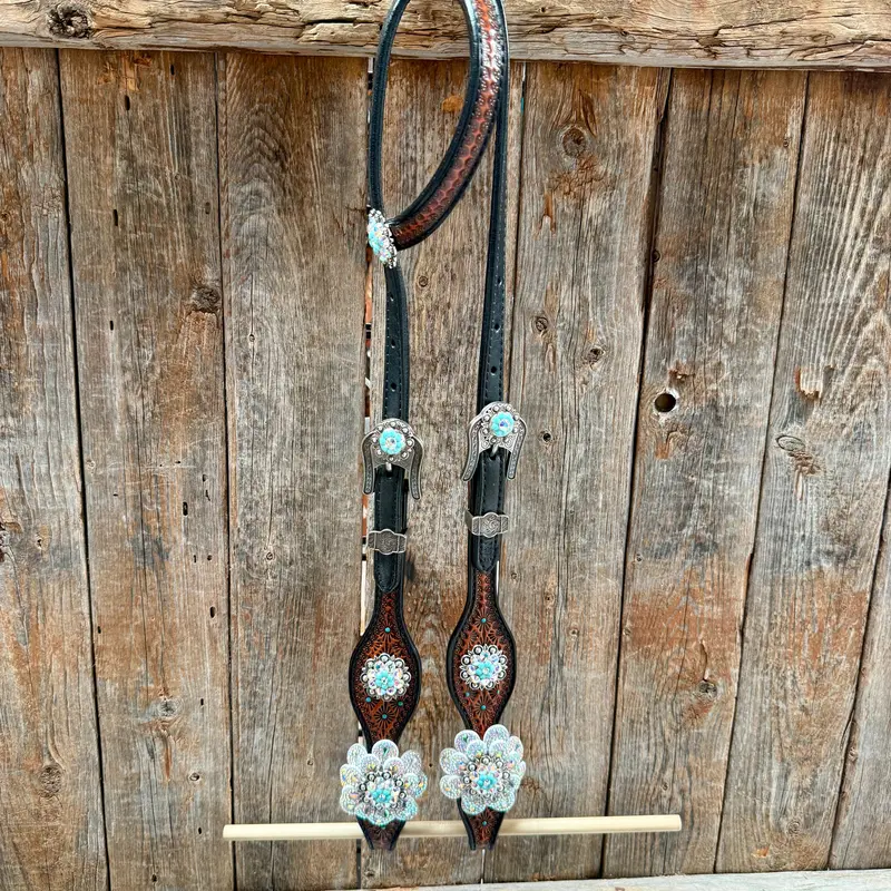 Teal Diamond Turquoise And Ab Browband / One Ear - Breastcollar Tack Set #Bbbc484 4