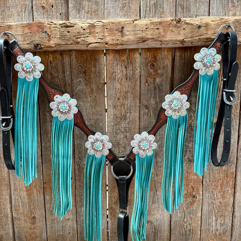 Teal Diamond Turquoise And Ab Browband / One Ear - Breastcollar Tack Set #Bbbc484 5
